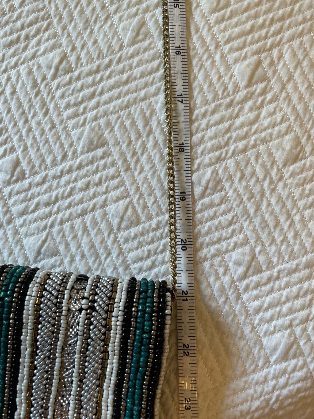 Beaded teal/silver/gold stripped clutch crossbody with optional gold chain strap - Picture 12 of 12